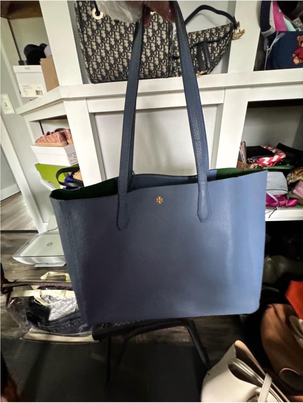 Tory Burch Blue Pebbled Leather Tote with Gold Logo Accent